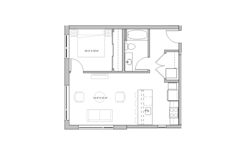 Floor plan for 1 bed, 1 bath, 658 sqft